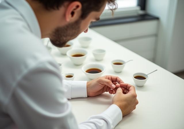 Barista cupping coffee in a quality control lab, demonstrating Arabian Coffee Roasters commitment to quality