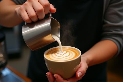 Skilled barista pouring milk for latte art in a cafe