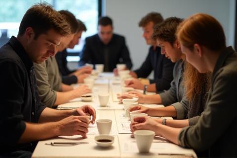 Group of coffee professionals participating in a coffee cupping session, evaluating samples