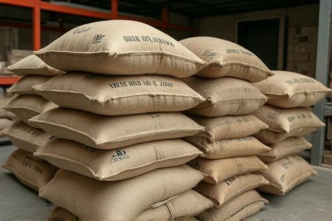 Large burlap sacks filled with green coffee beans in a storage area