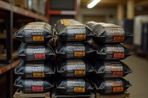 Neatly stacked bags of freshly packaged roasted coffee beans ready for distribution