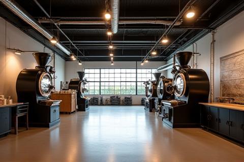 Spacious and clean interior view of a professional coffee roastery with large machines
