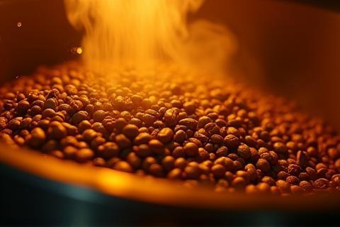 Close-up view inside a hot, rotating coffee roasting drum during the process