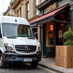 Delivery van parked outside a cafe with boxes of coffee ready for unloading