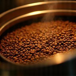 Close-up view of coffee beans tumbling and changing color inside a rotating roasting drum