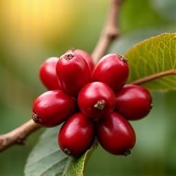 Vibrant red coffee cherries ripening on a branch on a coffee farm