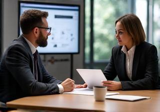 Coffee expert presenting data or ideas to a client in a meeting