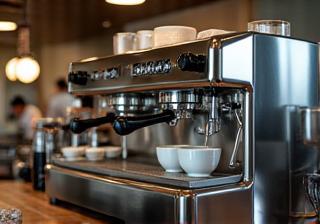 Professional-grade espresso machine and grinder in a cafe setting