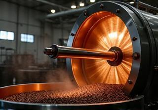 Large industrial coffee roasting machine in action