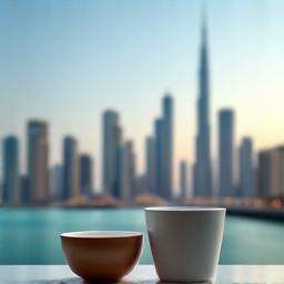 Modern Dubai skyline with a stylized coffee cup in the foreground, representing local presence