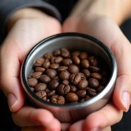 Hand holding coffee beans inspecting with a magnifying glass, symbolizing attention to detail and quality